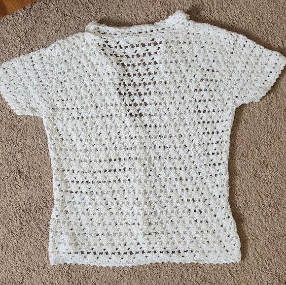 Y2K Ivory Crochet Collared Button Up Shirt Boho Cottage Festival Renaissance M - Picture 3 of 8